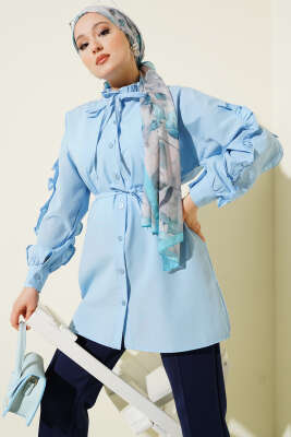 Kol Fırfırlı İp Kuşaklı Gömlek Bebe Mavi 