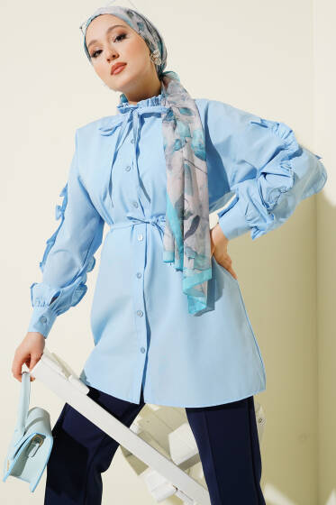 Kol Fırfırlı İp Kuşaklı Gömlek Bebe Mavi - Yılın Fırsatı