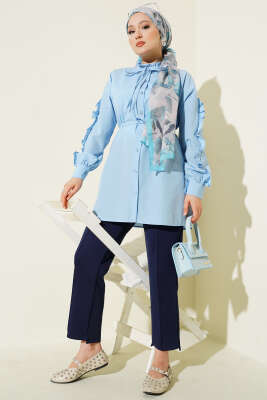 Kol Fırfırlı İp Kuşaklı Gömlek Bebe Mavi - Yılın Fırsatı