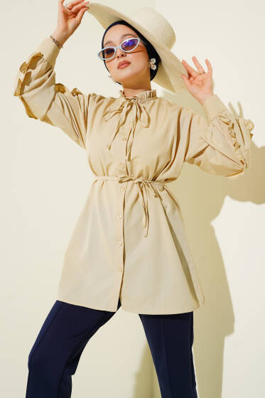 Kol Fırfırlı İp Kuşaklı Gömlek Bej - Gömlek