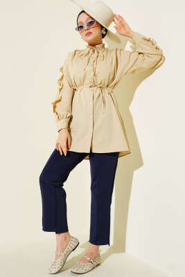 Kol Fırfırlı İp Kuşaklı Gömlek Bej - Yılın Fırsatı