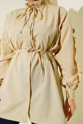 Kol Fırfırlı İp Kuşaklı Gömlek Bej - Yılın Fırsatı