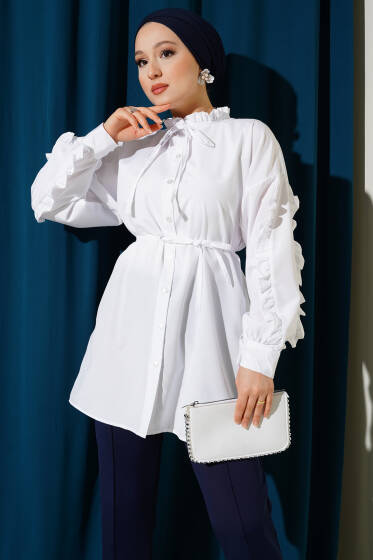 Kol Fırfırlı İp Kuşaklı Gömlek Beyaz - Gömlek