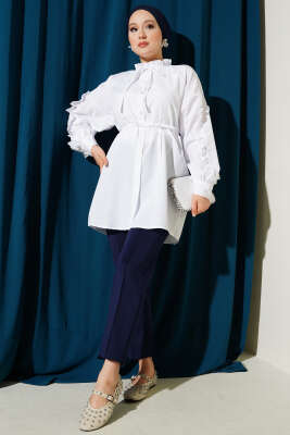 Kol Fırfırlı İp Kuşaklı Gömlek Beyaz - Yılın Fırsatı