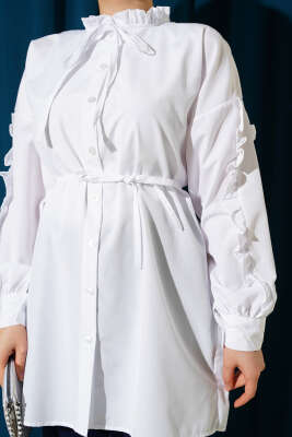 Kol Fırfırlı İp Kuşaklı Gömlek Beyaz - Yılın Fırsatı