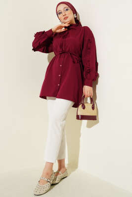 Kol Fırfırlı İp Kuşaklı Gömlek Bordo - Yılın Fırsatı