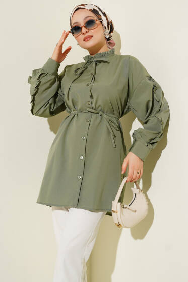 Kol Fırfırlı İp Kuşaklı Gömlek Çağla Yeşili - Yılın Fırsatı