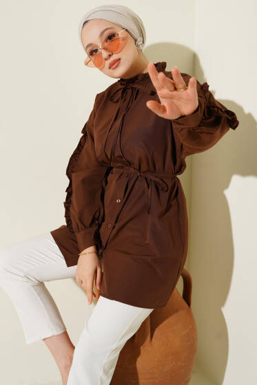 Kol Fırfırlı İp Kuşaklı Gömlek Kahve - Gömlek