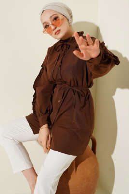 Kol Fırfırlı İp Kuşaklı Gömlek Kahve 