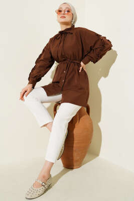 Kol Fırfırlı İp Kuşaklı Gömlek Kahve - Yılın Fırsatı