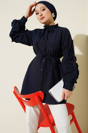 Kol Fırfırlı İp Kuşaklı Gömlek Lacivert - Gömlek