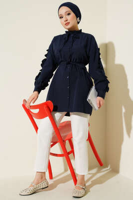 Kol Fırfırlı İp Kuşaklı Gömlek Lacivert - Yılın Fırsatı