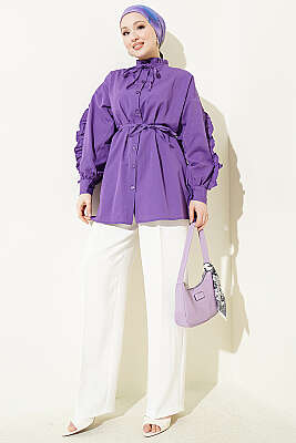 Kol Fırfırlı İp Kuşaklı Gömlek Mor - Gömlek