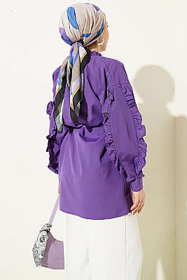 Kol Fırfırlı İp Kuşaklı Gömlek Mor - Gömlek