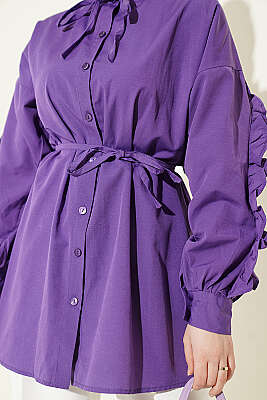 Kol Fırfırlı İp Kuşaklı Gömlek Mor - Gömlek