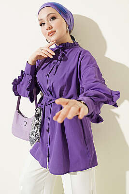 Kol Fırfırlı İp Kuşaklı Gömlek Mor 