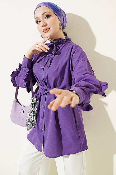 Kol Fırfırlı İp Kuşaklı Gömlek Mor - Yılın Fırsatı