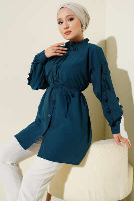 Kol Fırfırlı İp Kuşaklı Gömlek Petrol 