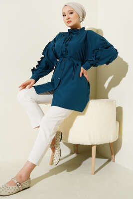 Kol Fırfırlı İp Kuşaklı Gömlek Petrol - Yılın Fırsatı