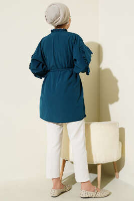 Kol Fırfırlı İp Kuşaklı Gömlek Petrol - Yılın Fırsatı