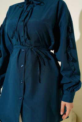 Kol Fırfırlı İp Kuşaklı Gömlek Petrol - Yılın Fırsatı