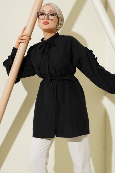 Kol Fırfırlı İp Kuşaklı Gömlek Siyah - Yılın Fırsatı