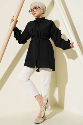 Kol Fırfırlı İp Kuşaklı Gömlek Siyah - Yılın Fırsatı