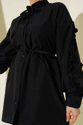 Kol Fırfırlı İp Kuşaklı Gömlek Siyah - Yılın Fırsatı