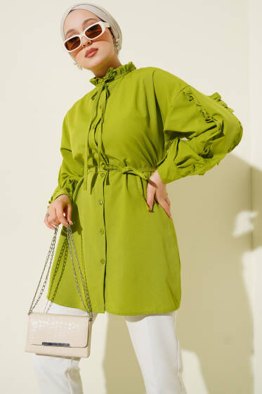 Kol Fırfırlı İp Kuşaklı Gömlek Yeşil - Yılın Fırsatı