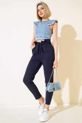 Kol Fırfırlı Kot Bluz Mavi - Kadın Giyim Modelleri