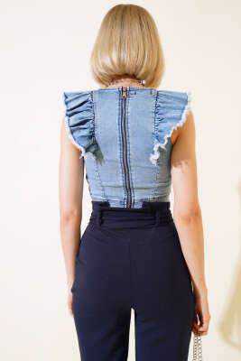 Kol Fırfırlı Kot Bluz Mavi - Kadın Giyim Modelleri