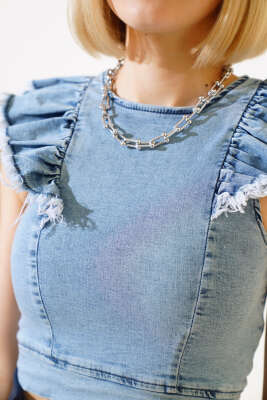 Kol Fırfırlı Kot Bluz Mavi - Kadın Giyim Modelleri