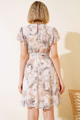 Kol Fırfırlı Şifon Elbise Bej - Kadın Giyim Modelleri