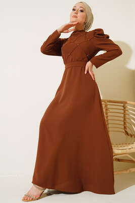 Kol Fırfırlı Taş Detaylı Elbise Kahve - Thumbnail