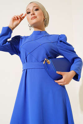Kol Fırfırlı Taş Detaylı Elbise Saks - Thumbnail