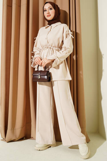 Kol Fiyonk Detaylı Dabıl İkili Takım Bej - İkili Takım