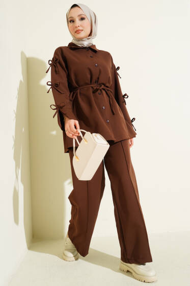 Kol Fiyonk Detaylı Dabıl İkili Takım Kahve - İkili Takım