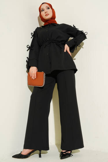 Kol Fiyonk Detaylı Dabıl İkili Takım Siyah - İkili Takım