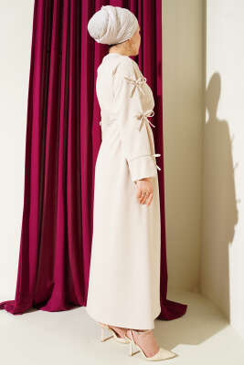 Kol Fiyonklu İp Kuşaklı Dabıl Elbise Bej - Elbise