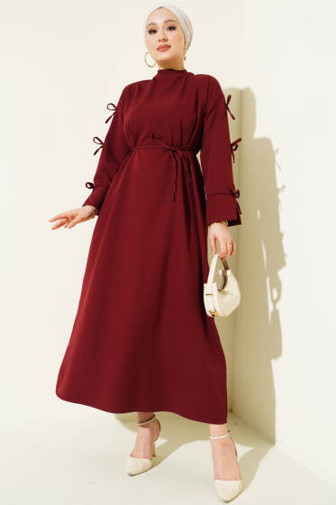 Kol Fiyonklu İp Kuşaklı Dabıl Elbise Bordo - Elbise