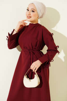 Kol Fiyonklu İp Kuşaklı Dabıl Elbise Bordo - Elbise