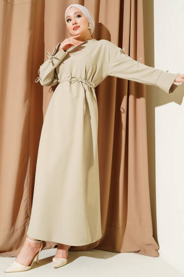 Kol Fiyonklu İp Kuşaklı Dabıl Elbise Çağla Yeşili - Elbise