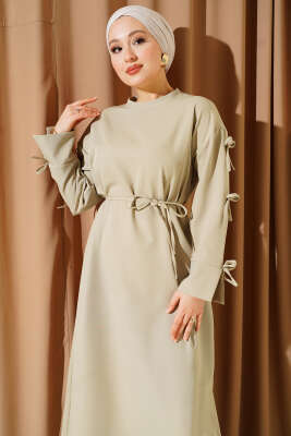 Kol Fiyonklu İp Kuşaklı Dabıl Elbise Çağla Yeşili - Elbise
