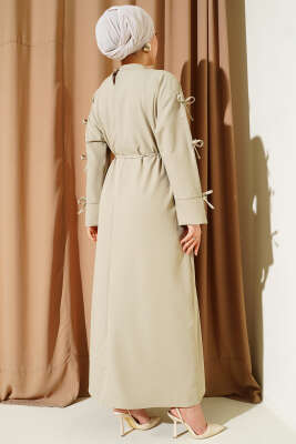 Kol Fiyonklu İp Kuşaklı Dabıl Elbise Çağla Yeşili - Elbise