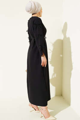 Kol Fiyonklu İp Kuşaklı Dabıl Elbise Siyah - Elbise