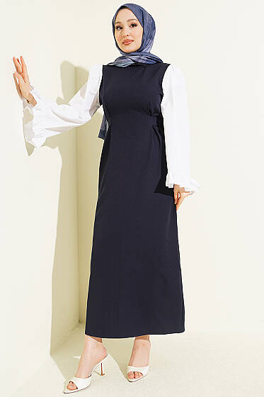 Kol Garnili Bel Bağlamalı Elbise Lacivert - 700-100 TL Ürünler