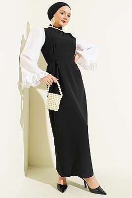 Kol Garnili Bel Bağlamalı Elbise Siyah - 700-1000 TL Ürünler