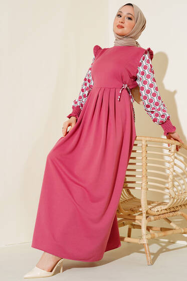 Kol Garnili Bel İpli Elbise Gül Kurusu - Tesettür Elbise