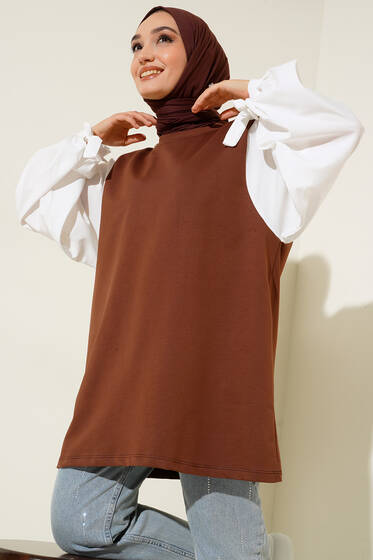 Kol Garnili Bilekleri Bağlamalı Tunik Kahve - Tunik