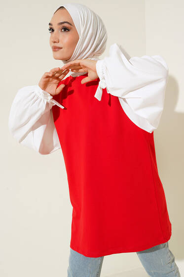 Kol Garnili Bilekleri Bağlamalı Tunik Kırmızı - Tunik